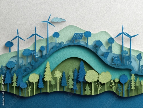 Green Energy Landscape with Wind Turbines and Solar Panels Illustration