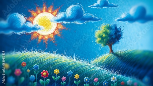 Joyful vibrant sun, blue sky, green hill, blooming colorful flowers.