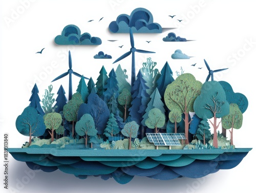 Eco-Friendly Landscape with Green Trees and Renewable Energy Elements