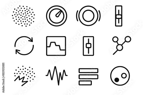 Audio Toolkit Icons. Experimental Audio Toolkit linear set: granular particle icon, filter sweep knob, oscillation ring, feedback loop, sound fragment tile, modulation slider, tone