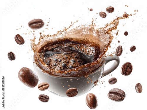 Wallpaper Mural Splashing Coffee in White Cup with Roasted Coffee Beans Around Torontodigital.ca