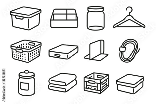 Home Storage Essentials Icons. Home Storage Essentials linear set: stackable bin, drawer organizer, labeled jar, closet hanger, storage basket, under-bed box, shelf divider, cable
