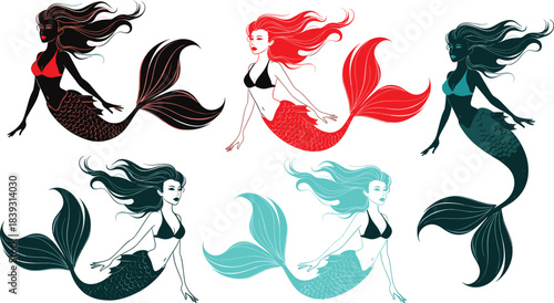 Colorful mermaid illustrations, fantasy ocean characters, vibrant swimming mermaids, artistic aquatic women silhouettes, underwater mythology art, decorative magical sea creatures design