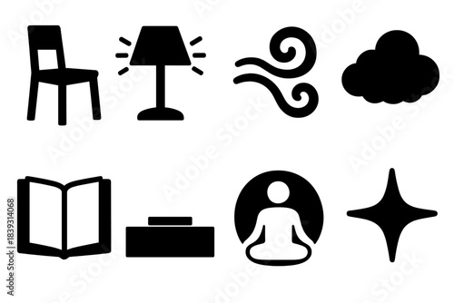 Reflective Icon Set. Solitude & Insight Set silhouette set: lone chair, dim lamp glow, mindful breath swirl, contemplation cloud, open notebook, distant horizon line, quiet moment