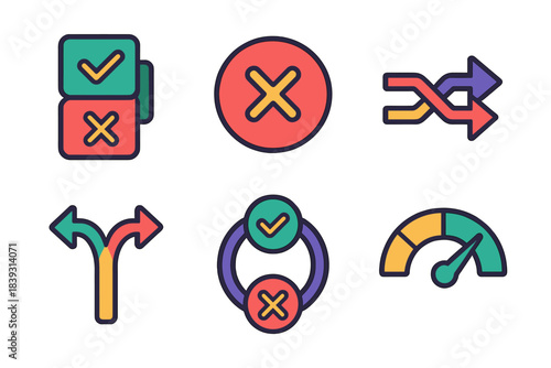 Modern Choice Icons. Competing Choice Structures flat set: layered preference tiles, opposition marker, trade-off arrow, divergent path symbol, conflicting signals ring, clarity