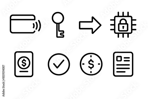 Digital Payment Icons. Intelligent payment flows linear set: contactless card symbol, authentication key, payment route arrow, encrypted chip, mobile pay screen, confirmation badge