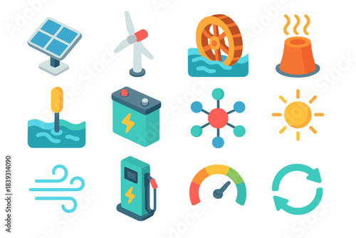 Clean Energy Icons. Clean Energy Components isometric flat set: solar panel, wind turbine, hydro wheel, geothermal vent icon, tidal wave generator, battery storage unit, energy