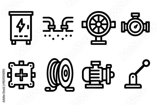 Utility Infrastructure Icons. Infrastructure Utility Set linear set: electrical cabinet, underground conduit, valve wheel, flow meter, junction box, cable reel, pump icon, control
