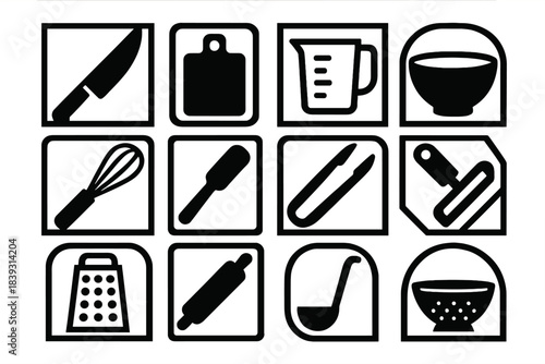 Brutalist Culinary Icons. Culinary Tools silhouette set: slicing knife tile, wooden board node, measuring cup bar, mixing bowl ring, whisk patch, spatula stripe, tongs panel,