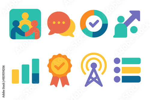 Minimalistic Community Icons. Community-Driven Guidelines flat set: co-created governance tile, open discussion node, decision-harmony ring, community-route arrow, shared-value bar