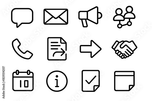 Workplace Communication Icons. Workplace Communication Elements linear set: message box, corporate envelope, announcement board, team link icon, call symbol, shared document,