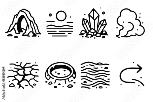 Alien Landscape Icons. Alien World Environments linear set: unfamiliar mountain arc, hazy horizon tile, crystalline deposit node, tinted dust cloud, fissured ground bar, crater