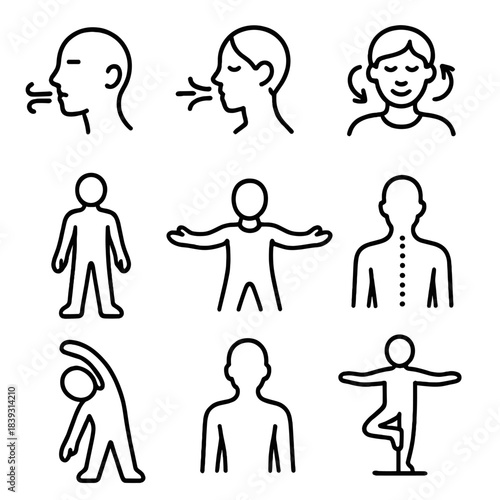 Mind-Body Icon Sequence. Mind–body awareness elements linear set: calm inhale sign, mindful exhale, relaxed shoulder roll, rooted stance, open-arm expansion, slow bend, aligned