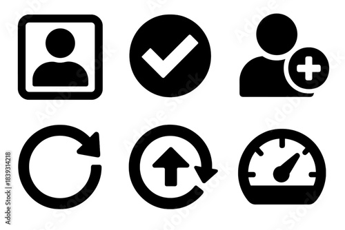 Brutalist Digital Icon Set. Digital Identity Framework silhouette set: onboarding profile tile, verification checkmark, role assignment icon, lifecycle flow arrow, credential