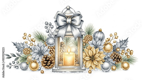 Silver and Gold Christmas Lantern Floral Arrangement Watercolor Illustration