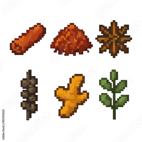 Spice Icon Collection. Spices pixel style set: cinnamon stick, chili flake, star anise, peppercorn cluster, turmeric root, herb sprig.