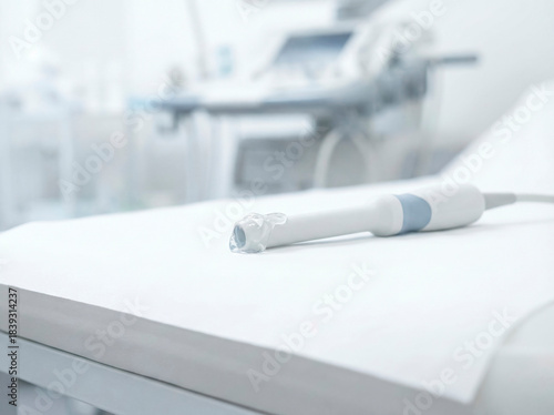 Transvaginal ultrasound probe with fresh gel applied, placed on a clean white medical table. Bright minimal clinical setup highlighting sterile equipment, smooth surfaces and high-detail healthcare.