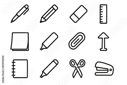 Stationery Icons Grid. Stationery Items linear set: ballpoint pen tile, pencil node, eraser bar, ruler ring, sticky note patch, highlighter stripe, paper clip panel, binder arrow,