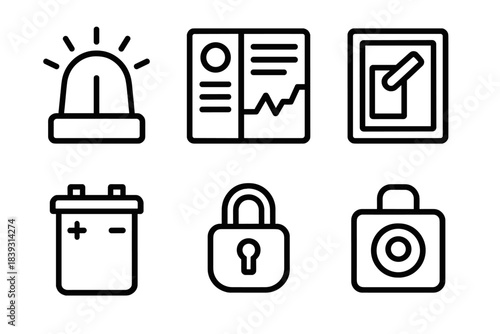 Safety System Icons. Safety Net Systems linear set: alarm beacon, monitoring panel, emergency lever, backup battery, secure hub, fail-safe switch.
