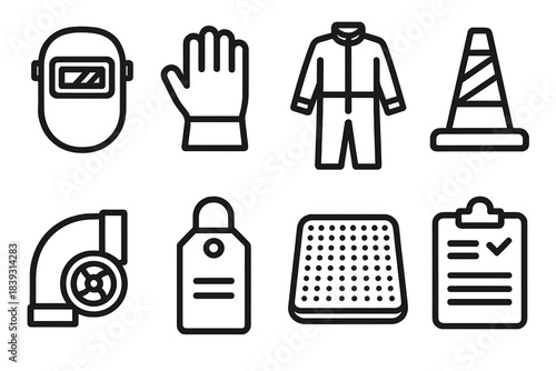 Industrial Safety Icons. Industrial Safety Equipment linear set: welding helmet, heat-resistant glove, flame-retardant suit, barrier cone, ventilation duct icon, lockout tag,