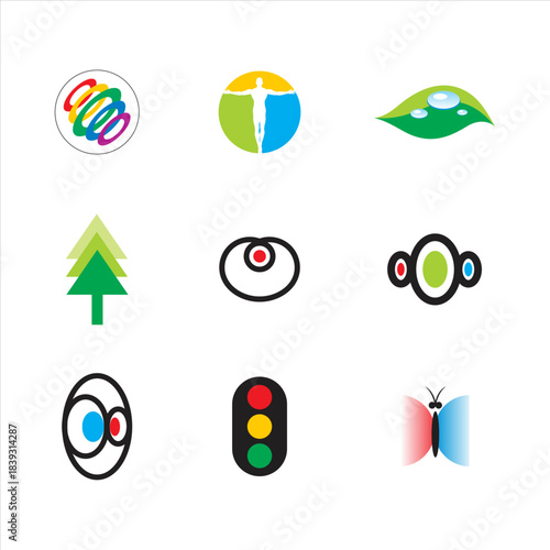 Collection of nine diverse abstract and symbolic logos and icons.