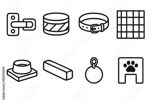 Pet Safety Icons. Domestic Pet Safety Tools linear set: secure latch, reflective wrap, padded collar, crate divider, feeding guard tray, soft edge bumper, ID charm, safe entry