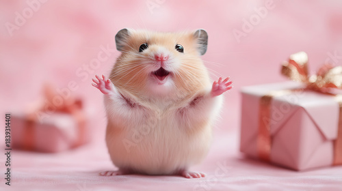 Happy hamster raising its paws and opening its mouth in surprise and excitement, surrounded by pastel pink gift boxes wrapped with golden ribbons on a soft pink surface