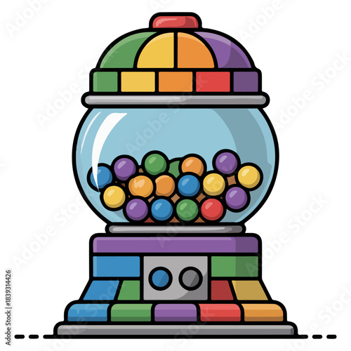 A colorful gumball machine filled with vibrant candies, standing out with its retro design