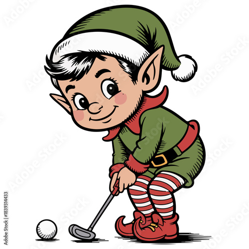 A cartoon elf is playing golf on a sunny day. The elf is focused on hitting the golf ball