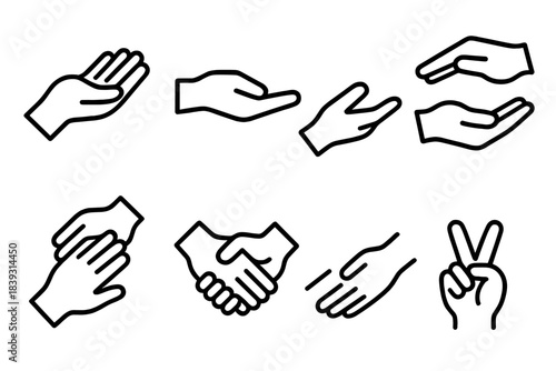 Supportive Hand Icons. Supportive hand icons linear set: open help palm, steady support, guiding gesture, shared carry hands, encouragement pat, connection hold, aiding reach,
