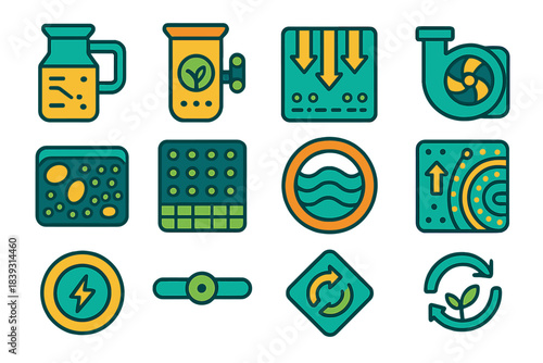 Eco Bio-Optimization Icons. Eco Bio-Optimization flat set: efficiency reactor cup, nutrient-smart feed port, enzyme catalyst tile, low-energy circulation pump, microcolony tray,