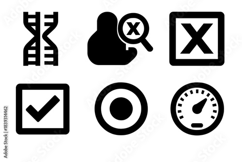 Genetic Fidelity Icons. Genetic Fidelity Indicators silhouette set: replication fork, proofreading enzyme icon, mismatch marker, corrected base tile, accuracy ring, fidelity dial.