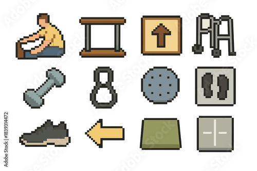 Functional Mobility Icons. Functional Mobility Set pixel style set: seated stretch, stable handrail, guided step marker, wheeled support frame, light dumbbell, grip loop, balance