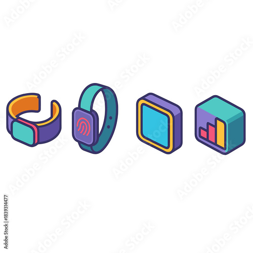 Fashionable Smart Wear Add-Ons. Smart Wear Add-Ons flat isometric set: wrist cuff cradle, biometric tag loop, modular display tile.
