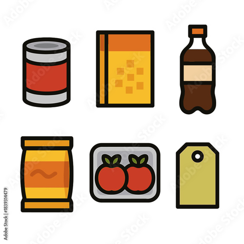 Grocery Icon Set. Store Shelf Essentials set of icons in flat pixel vector style: canned goods, boxed cereal, bottled drink, snack pack, produce tray, price tag.