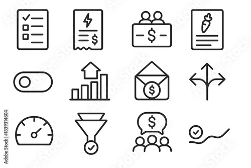 Household Finance Icons. Household Money Decisions Icons linear set: grocery list, utility bill icon, shared budget card, meal-planning sheet, subscription toggle, home expense bar