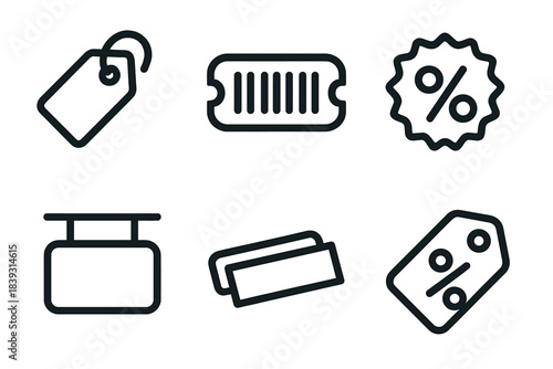 Shop Icon Collection. Shop Label Icons linear set: hang tag, barcode band, sale mark, shelf sign, product label strip, discount icon.