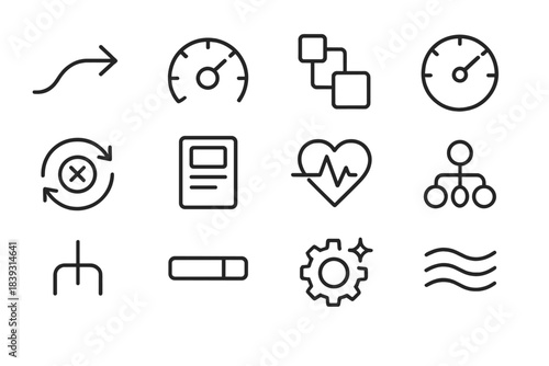 Efficient Workflow Icons. Operational Workflow Efficiency linear set: streamlined path arrow, optimization dial, dependency map, throughput meter, error-handling loop, workflow