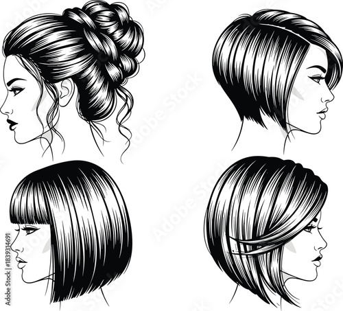 Elegant female hairstyle illustrations featuring braided bun, bob cuts, and layered styles, detailed fashion beauty vectors ideal for salon branding and design projects
