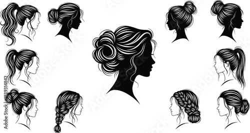 Female hairstyle silhouette set, elegant woman profiles, stylish hair design collection, fashion beauty artwork, detailed ponytail bun braid vector illustration