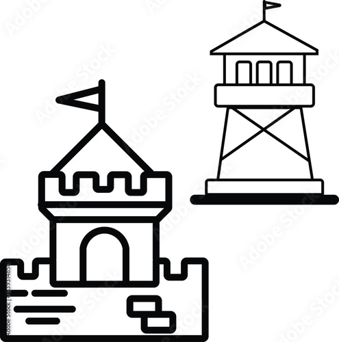 Minimalist black outline icons depicting an ancient medieval castle tower and a modern security observation watchtower illustrating defense and protection concepts