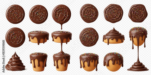 Set of chocolate elements, including melted sauce, drips, swirls, and sprinkles, isolated on a transparent background.