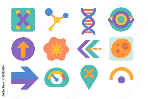 Cellular Aging Protection Icons. Cellular Aging Protection Models flat set: chromosome tip tile, telomere node, DNA strand bar, protective cap ring, replication signal dot,