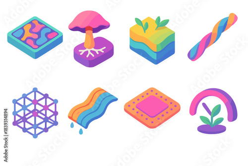 Innovative Bio-Material Icons. Living material innovation flat isometric set: bio-fabric tile, mycelium growth node, living polymer bar, adaptive fiber strand, cellular scaffold