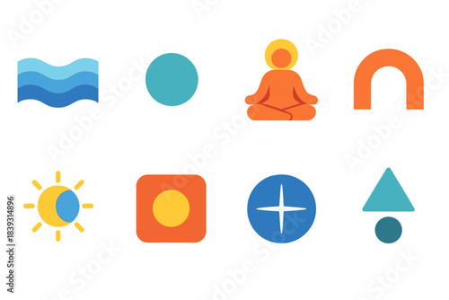 Minimalist Serenity Icons. Peaceful contentment elements flat set: calm wave tile, centered node, mindfulness bar, relaxed arc, serenity icon, focus strip, clarity point, balance