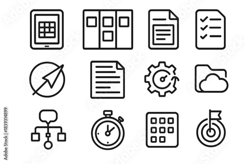 Efficiency Software Icons. Efficiency Software Suite linear set: digital planner, kanban columns, checklist pad, quick-launch icon, document editor, automation gear, notification