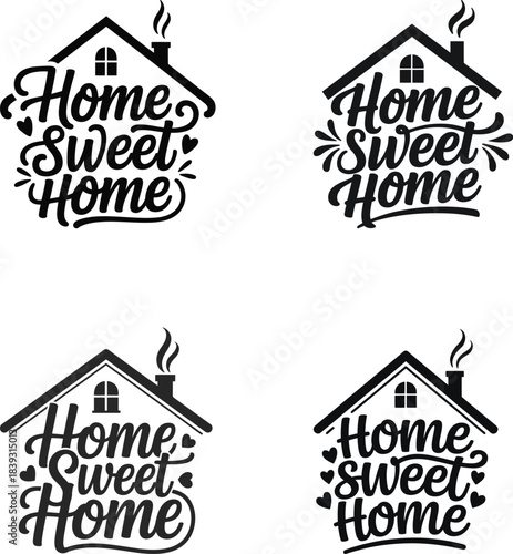 Four stylized home sweet home lettering designs in silhouette