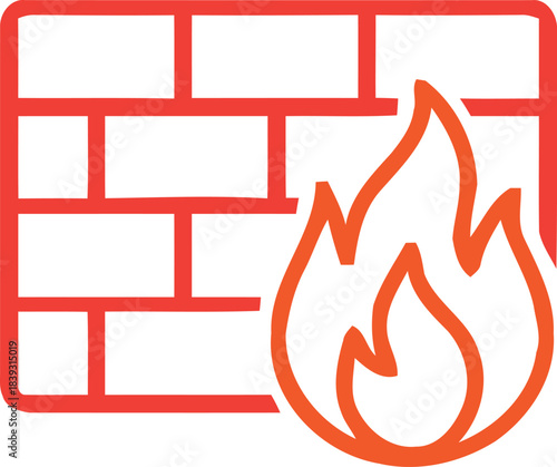 Modern outline graphic illustration of a digital firewall concept with a brick wall and protective flames symbolizing internet network security and data protection against cyber threats