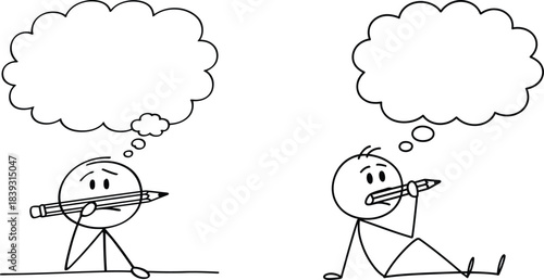 Two stick figures with empty thought bubbles contemplating different ideas