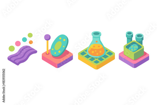 Biotech Icon Grid. Biological Microfactory Grids flat isometric set: substrate-flow strip, microbe work node, bioconversion tile.